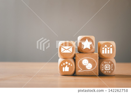 AI-Driven Customer Sentiment Analysis Concept with Digital Icons on Wooden Blocks for Business Insights AI-Driven Customer Sentiment Analysis Concept with Digital Icons on Wooden Blocks for Business Insights 142262758