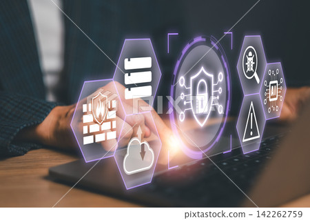 Innovative SMART Cybersecurity Monitoring Concept with Futuristic Interface and Digital Security Elements Innovative SMART Cybersecurity Monitoring Concept with Futuristic Interface and Digital Security Elements 142262759