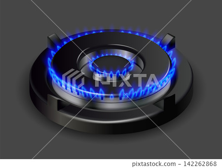 Realistic gas burner. 3d oven hob blue fire flame burner top side view, kitchen cooker natural gas ring light home cooking heat safety fuel isolated garish vector illustration Realistic gas burner. 3d oven hob blue fire flame burner top side view, kitchen cooker natural gas ring light home cooking heat safety fuel isolated garish vector illustration 142262868