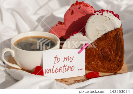 TO MY VALENTINE text message paper note card Morning breakfast Valentine's Day Birthday celebration Delicious fresh variety croissants topped with colorful flavor Ganache. Creation unique heart shape TO MY VALENTINE text message paper note card Morning breakfast Valentine's Day Birthday celebration Delicious fresh variety croissants topped with colorful flavor Ganache. Creation unique heart shape 142263024