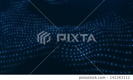 Abstract blue digital dot wave on dark background, glowing particle flow illustration with futuristic depth and smooth data motion feel. Abstract blue digital dot wave on dark background, glowing particle flow illustration with futuristic depth and smooth data motion feel. 142263112