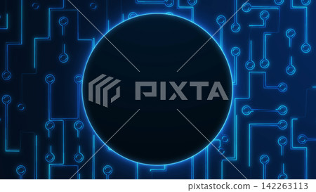 Blue circuit board circle frame on dark background, clean futuristic technology illustration with central copy space and glowing lines. Blue circuit board circle frame on dark background, clean futuristic technology illustration with central copy space and glowing lines. 142263113