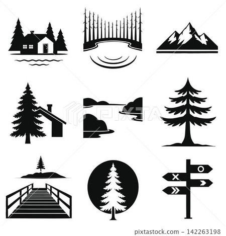 The image shows a grid of nine minimalist black-and-white vector icons depicting themes of outdoor recreation, camping, and landscapes 142263198