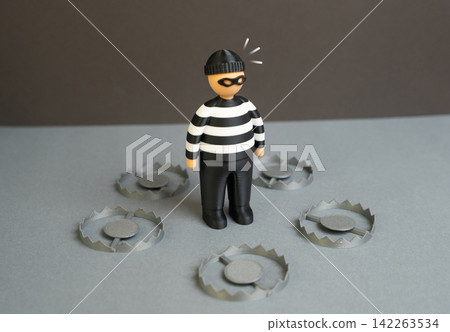 A criminal wearing a robber mask surrounded by traps. Dead end and inevitable capture. The criminal outcome is predetermined as law enforcement closes every escape route. A criminal wearing a robber mask surrounded by traps. Dead end and inevitable capture. The criminal outcome is predetermined as law enforcement closes every escape route. 142263534