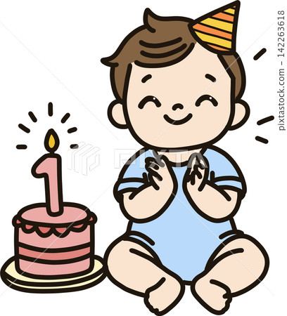 Baby Clapping with First Birthday Cake 142263618