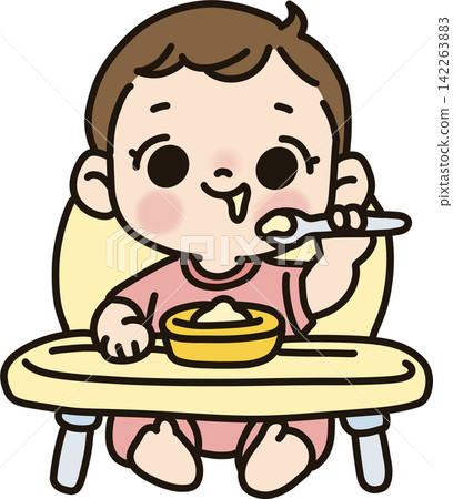 Baby Eating Food in High Chair Baby Eating Food in High Chair 142263883