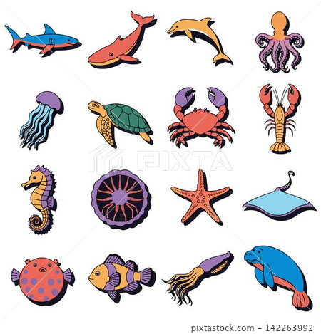 The image shows a grid of 16 colorful, hand-drawn cartoon illustrations of various marine animals and ocean dwellers The image shows a grid of 16 colorful, hand-drawn cartoon illustrations of various marine animals and ocean dwellers 142263992