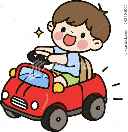 Child Riding Red Toy Car Child Riding Red Toy Car 142264005