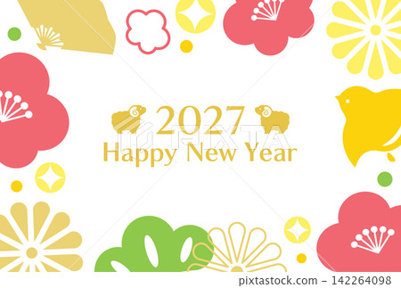 色彩繽紛的日式圖案和綿羊主題新年賀卡，獻給2027年的羊年。 142264098