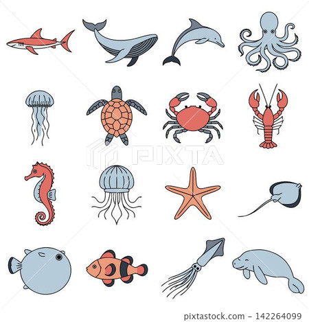 The image shows a set of 16 colorful cartoon icons depicting various sea creatures and animals The image shows a set of 16 colorful cartoon icons depicting various sea creatures and animals 142264099