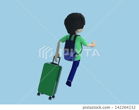 旅行者的3D插圖:一個男人背著背包,拉著一個行李箱走。 旅行者的3D插圖:一個男人背著背包,拉著一個行李箱走。 142264132