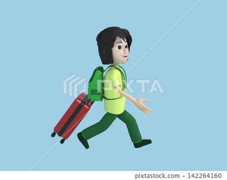 3D illustration of a traveler: A woman walking with a backpack on and pulling a suitcase. 3D illustration of a traveler: A woman walking with a backpack on and pulling a suitcase. 142264160