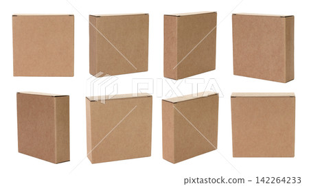 Set of Thin kraft cardboard box, isolated on transparent background. Minimal, eco-friendly packaging concept, versatile for storage, gifts, shipping, and product presentation 142264233