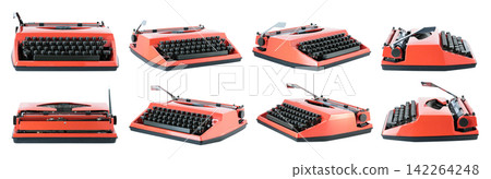 Set of Red vintage typewriter isolated on transparent background. Retro office machine perfect for writing concepts, literature themes, creative design, and nostalgic projects Set of Red vintage typewriter isolated on transparent background. Retro office machine perfect for writing concepts, literature themes, creative design, and nostalgic projects 142264248