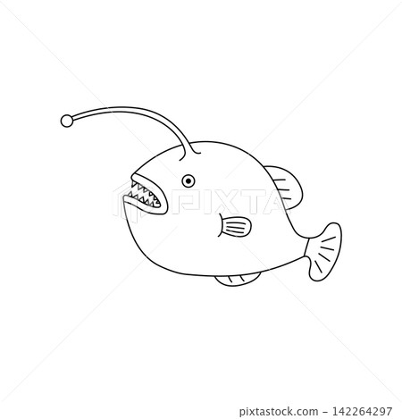 A monochrome anglerfish, a deep-sea fish with sharp teeth and bioluminescent organs. A monochrome anglerfish, a deep-sea fish with sharp teeth and bioluminescent organs. 142264297
