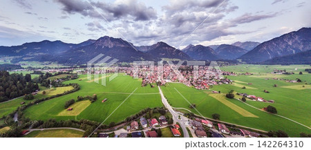 Oberstdorf aerial view in the Bavarian Alps at dusk Oberstdorf aerial view in the Bavarian Alps at dusk 142264310
