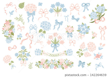 Coquette flower and bow set. Preppy grandmillennial collection with hydrangea, bouquets, ribbons. Vector clipart Coquette flower and bow set. Preppy grandmillennial collection with hydrangea, bouquets, ribbons. Vector clipart 142264639
