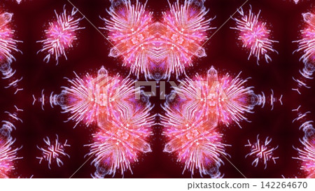 A kaleidoscope pattern graphic of fireworks with spreading pink and red lights. 142264670