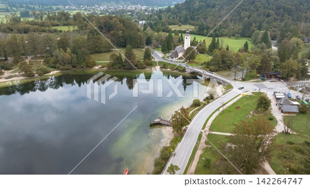 Aerial Panorama Lake Bohinj St John Baptist Church Slovenia Aerial Panorama Lake Bohinj St John Baptist Church Slovenia 142264747