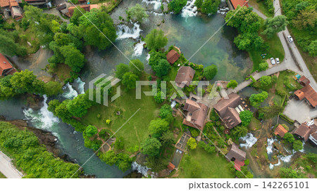 Rastoke Slunj Aerial View Waterfalls Historic Mill Village Croatia Rastoke Slunj Aerial View Waterfalls Historic Mill Village Croatia 142265101