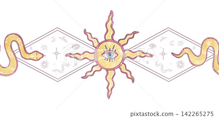 Mystical seamless border esoteric celestial sun with eye, abstract snakes, geometric frames. Girly horizontal repeat pattern isolated on white background. Hand drawn watercolor, graphic illustrations Mystical seamless border esoteric celestial sun with eye, abstract snakes, geometric frames. Girly horizontal repeat pattern isolated on white background. Hand drawn watercolor, graphic illustrations 142265275