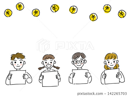 Cute hand-drawn line art of children holding a board and money Cute hand-drawn line art of children holding a board and money 142265703
