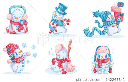 A set of hand-drawn cute snowmen. Christmas and New Year characters in hats and scarves. Isolated on a white background. Cartoon children's vector illustration for poster design, printing, textiles A set of hand-drawn cute snowmen. Christmas and New Year characters in hats and scarves. Isolated on a white background. Cartoon children's vector illustration for poster design, printing, textiles 142265841