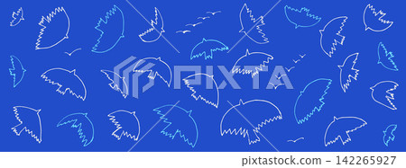 Bird crayon outline set on blue with white and teal dove shapes. Flying bird set in scribble ink and pen sketch with simple flock. Vector doodle dove in naive drawn art for scrapbook print isolated Bird crayon outline set on blue with white and teal dove shapes. Flying bird set in scribble ink and pen sketch with simple flock. Vector doodle dove in naive drawn art for scrapbook print isolated 142265927