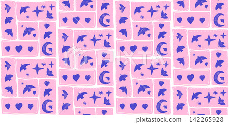 Bird and moon bento patchwork tiles on pink in a seamless pattern design. Crayon bird and crescent with stitch border frames as seamless vector print. Naive dove, heart and star on rose background 142265928