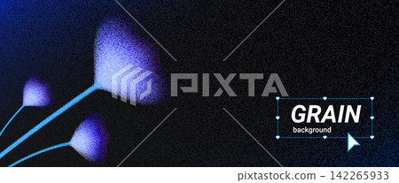 Blur floral background with blue violet blooms and curved stems. Halftone grain creates a cyber botanical glow around petals. Hazy vector backdrop for website header or presentation background 142265933