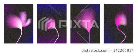 Flower gradient set with portrait botanical panels. Halftone dotwork and grain shape glowing blooms through gradation. Blossoms form a vector collection for social media post or poster design or card 142265934