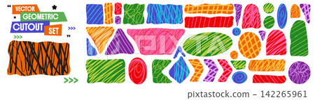 Geometric organic shape set. Bold multicolor fills feature stripes grids spirals loops and scribbled marks. Vector school geometry and shape set for scrapbook layout or collage zine design Geometric organic shape set. Bold multicolor fills feature stripes grids spirals loops and scribbled marks. Vector school geometry and shape set for scrapbook layout or collage zine design 142265961