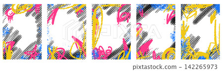 Cute photo borders with graffiti spraypaint frames for school text box. Halftone paint splashes in pink, yellow and blue with childlike doodles. Vector photo frame border set isolated on white bg Cute photo borders with graffiti spraypaint frames for school text box. Halftone paint splashes in pink, yellow and blue with childlike doodles. Vector photo frame border set isolated on white bg 142265973