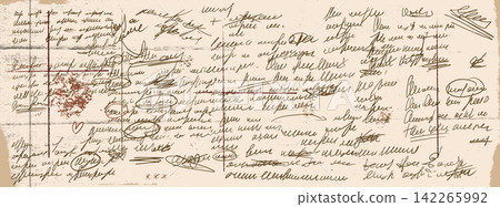 Vintage letter background with cursive writing on beige paper. Aged manuscript texture shows antique ink stroke and soft stains. Sepia vector message backdrop for collage fodder or social media cover Vintage letter background with cursive writing on beige paper. Aged manuscript texture shows antique ink stroke and soft stains. Sepia vector message backdrop for collage fodder or social media cover 142265992