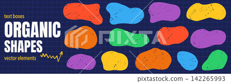 Crayon organic shapes with squishy abstract blobs and irregular doodle spots. Hand drawn freeform amoeba shape set with brush splodge marks for school poster. Vector crayon blob elements on navy grid 142265993