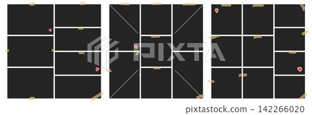 Mood board set with taped photo frames and heart stickers. Black rectangles form collage grids. Decorative vector inspiration collection for scrapbook layout or idea visual board design or memory bg Mood board set with taped photo frames and heart stickers. Black rectangles form collage grids. Decorative vector inspiration collection for scrapbook layout or idea visual board design or memory bg 142266020