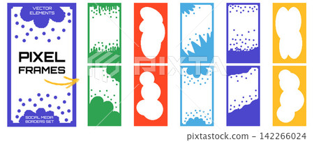 Text box with digital pixel frame for story card and social media post. Bold rectangle text box placeholders with photo border and confetti cutout form. Vector y2k shapes as carousel for school album Text box with digital pixel frame for story card and social media post. Bold rectangle text box placeholders with photo border and confetti cutout form. Vector y2k shapes as carousel for school album 142266024