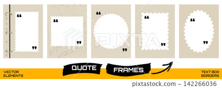Frame template set with quote boxes and postage stamp. Beige panels with scallop borders for cite. Vector frame template collection for scrapbook layout or infographic design and promo callout bg Frame template set with quote boxes and postage stamp. Beige panels with scallop borders for cite. Vector frame template collection for scrapbook layout or infographic design and promo callout bg 142266036