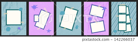 Frame collage set of taped photo panels and scalloped stamp cutouts. Teal pink and lavender paper cover with instant snapshot. border. Vector frame collage set for scrapbook design or promo layout Frame collage set of taped photo panels and scalloped stamp cutouts. Teal pink and lavender paper cover with instant snapshot. border. Vector frame collage set for scrapbook design or promo layout 142266037