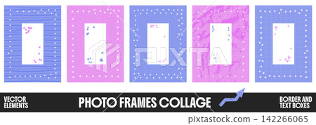 Star confetti photo frame set of paper cutouts with punch holes. Blue and pink rectangles show dotted borders and crumpled texture. Vector star confetti for sticker sheet or scrapbook zine design 142266065