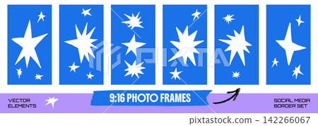 Graphic star photo frame set with cutout silhouettes. Vertical carousel panels feature angular spark shapes. Bold vector star frame collection for social media story, sale promo tag or poster design Graphic star photo frame set with cutout silhouettes. Vertical carousel panels feature angular spark shapes. Bold vector star frame collection for social media story, sale promo tag or poster design 142266067