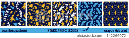 Seamless pattern of crayon star set inside a diamond harlequin repeat for kid decor. Scribbled clouds, stars and sparks chalky brushed on argyle. Hand drawn vector pattern set with night sky motif 142266072