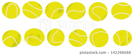 Ball and tennis emblem set of twelve flat yellow circles with white seams. Smear edges add quirky touch to each tennis shape. Bright vector sphere icons for presentation slide or infographic design Ball and tennis emblem set of twelve flat yellow circles with white seams. Smear edges add quirky touch to each tennis shape. Bright vector sphere icons for presentation slide or infographic design 142266088
