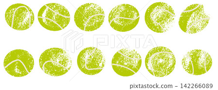 Padel ball set of distressed green circles with white speckling. Smudge marks and ruined patches roughen tennis paddle shape. Grunge vector sphere icons for sport promo event or presentation slide Padel ball set of distressed green circles with white speckling. Smudge marks and ruined patches roughen tennis paddle shape. Grunge vector sphere icons for sport promo event or presentation slide 142266089