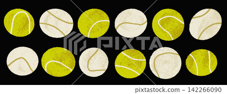 Padel ball and tennis icon set of grungy circles in green and cream on black. Noise and scribble cover tennis shape. Sporty vector ball icons for advertising event layout or social media collection Padel ball and tennis icon set of grungy circles in green and cream on black. Noise and scribble cover tennis shape. Sporty vector ball icons for advertising event layout or social media collection 142266090