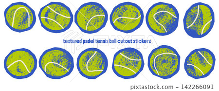 Ball and tennis cutout set of green circles with angular blue borders. Applique frames surround grungy padel tennis shapes. Textured vector ball stickers for scrapbook layout or sporty collage layout Ball and tennis cutout set of green circles with angular blue borders. Applique frames surround grungy padel tennis shapes. Textured vector ball stickers for scrapbook layout or sporty collage layout 142266091
