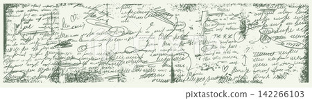 Script paper background with pale sage green cursive writing. Soft handwriting rows form a manuscript texture with distressed edges. Calm vector sheet backdrop for web banner or advertising banner Script paper background with pale sage green cursive writing. Soft handwriting rows form a manuscript texture with distressed edges. Calm vector sheet backdrop for web banner or advertising banner 142266103