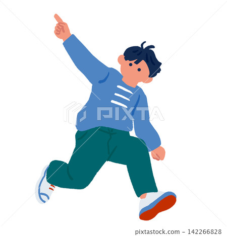 An illustration of a young boy running while pointing his finger. An illustration of a young boy running while pointing his finger. 142266828