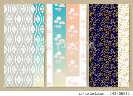A set of materials featuring traditional Japanese patterns. Includes designs of rising wave patterns, floral diamonds, pine, bamboo, and plum blossoms, and arabesque patterns. 142266911