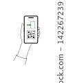 An illustration of a hand displaying a QR code on a smartphone to gain entry. 142267239